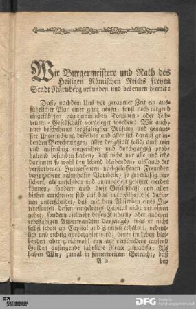 Wir Burgermeistere und Rath des Heiligen Römischen Reichs freyen Stadt Nürnberg urkunden und bekennen hiemit...