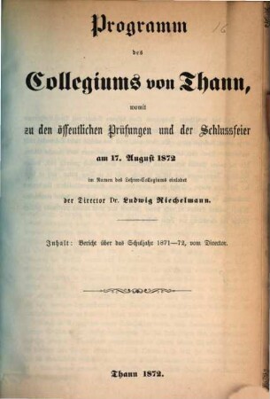 Programm des Collegiums von Thann = Programme du Collége de Thann, 1871/72