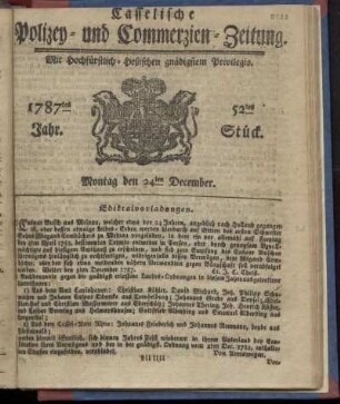52tes Stueck, Montag den 24ten December. 1787