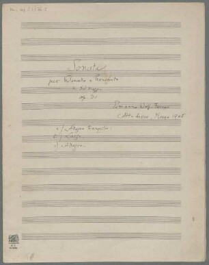 Sonatas, vlc, pf, op.30, G-Dur - BSB Mus.ms. 23176-2 : Sonata // per Violoncello e Pianoforte // in Sol magg. // op. 30 // Ermanno Wolf-Ferrari // Alt-Aussee, Marzo 1945 // a) Allegro tranquillo. // b) Largo. // c) Allegro.