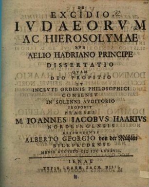 De excidio Iudaeorum ac Hierosolymae sub Aelio Hadriano principe dissertatio