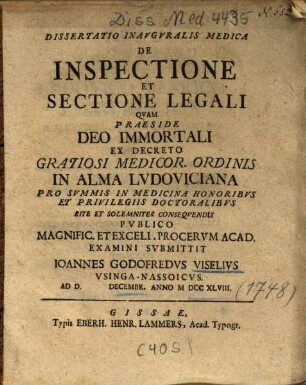 Dissertatio Inavgvralis Medica De Inspectione Et Sectione Legali