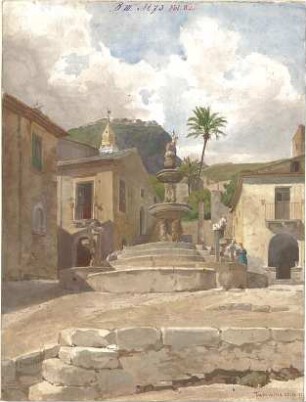 Walther, Conradin; Deutschland; Italien; Reisezeichnungen - Brunnen an einer Straßenecke in Taormina (Perspektive)