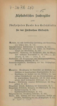 Alphabetisches Sachregister zum fünfzehnten Bande des Gesetzblatts für das Fürstenthum Birkenfeld