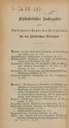 Alphabetisches Sachregister zum fünfzehnten Bande des Gesetzblatts für das Fürstenthum Birkenfeld