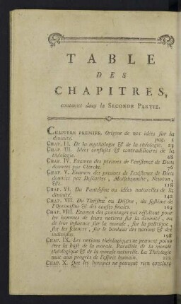 Table des chapitres contenus dans la secnde partie.
