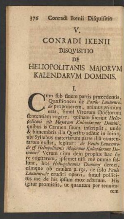 V. Conradi Ikenii Disquisitio De Heliopolitanis Majorum Kalendarum Dominis.