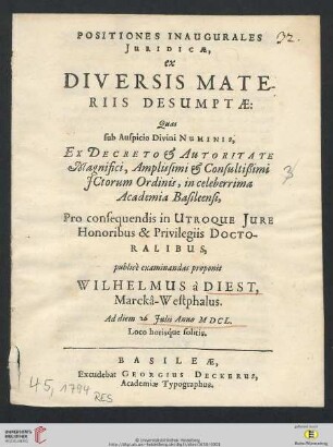 Positiones Inaugurales Iuridicae, ex Diversis Materiis Desumptae