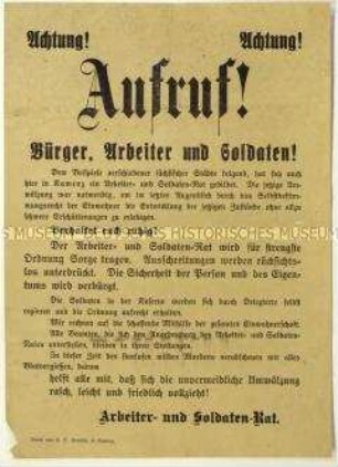 Bekanntmachung über die Bildung eines Arbeiter- und Soldatenrates in Kamenz und Aufruf zur Wahrung der öffentlichen Ordnung