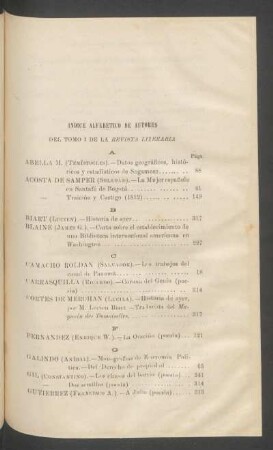 Índice alfabético de autores del tomo I de la "Revista Literaria"