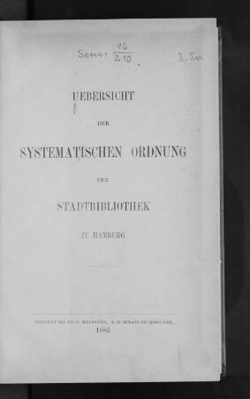 Uebersicht der systematischen Ordnung der Stadtbibliothek zu Hamburg