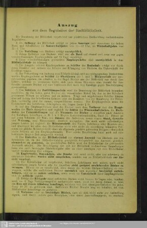 Auszug aus dem Regulative der Stadtbibliothek
