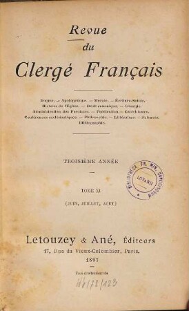 Revue du clergé français. 11. 1897 = Année 3