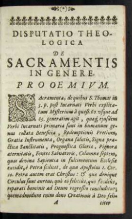 Disputatio Theologica De Sacramentis In Genere.