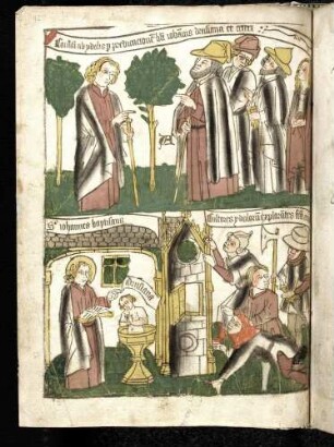 (1) Bekehrung der Ungläubigen durch den Evangelist Johannes, Drusiana; (2) Taufe der Jüdin Drusiana, Aussspionieren und Bedrohen des Heiligen durch Götzendiener.