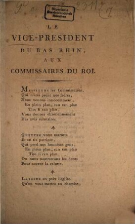 Le Vice-President Du Bas-Rhin Aux Conmissaires Du Roi