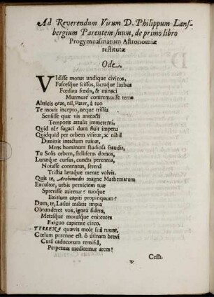 Ad Reverendum Virum D. Philippum Lansbergium Parentem suum, de primo libro Progymnasmatum Astronomiæ restitutæ. Ode