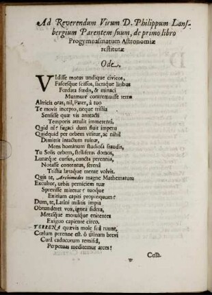 Ad Reverendum Virum D. Philippum Lansbergium Parentem suum, de primo libro Progymnasmatum Astronomiæ restitutæ. Ode