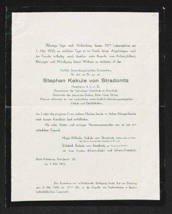 Brief von Hugo Wilhelm Kekulé von Stradonitz, Elisabeth Kekulé von Stradonitz, Johann-Jesko Kekulé von Stradonitz und Johann - Friedrich Reinhard Kekulé von Stradonitz an Gerhart Hauptmann