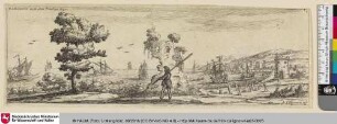 [Landschaft mit Hafen und Ruine im Vordergrund; Paysage avec un port et des ruines au premier plan]
