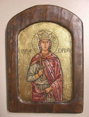Heilige Barbara mit Nimbus, Krone und Kreuz