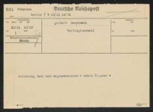 Brief von Gerhart Hauptmann an Edwin Fischer