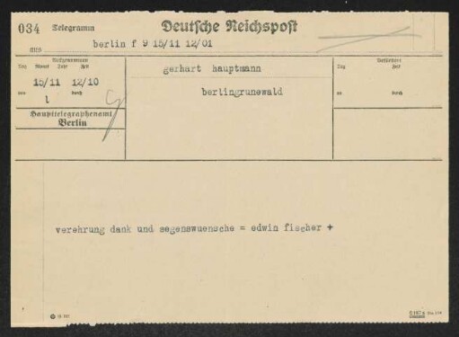 Brief von Gerhart Hauptmann an Edwin Fischer