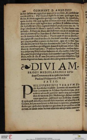 Divi Ambrosii Mediolanensis Episcopi Commentarij in epistolam beati Pauli ad Philippenses