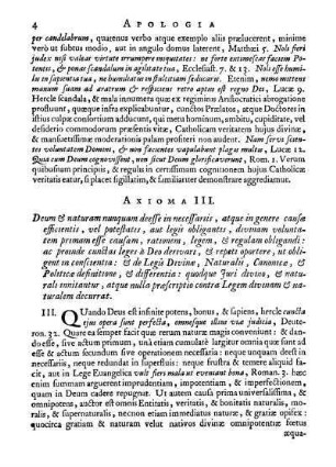 Axioma III. Deum & naturam nunquam deesse in necessariis, atque genere causæ efficientis, vel potestatis, [...]