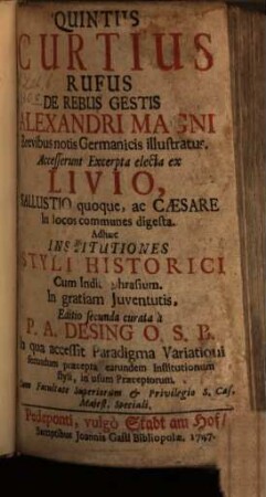 De rebus gestis Alexandri Magni : Access. excerpta el. ex Livio, Sallustio ... ac Caesare
