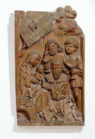 Anbetung der Könige, aus einer Gruppe mit vier Szenen des Marienlebens vom Marienaltar der Kirche Heilig Kreuz in Coburg. Zugehörig: Maria auf der Mondsichel und zwei Engel