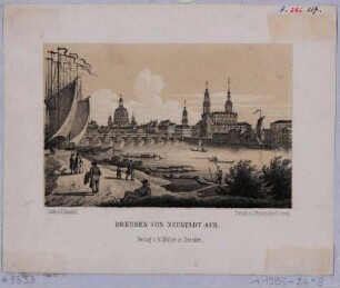 Stadtansicht von Dresden, Blick von der Neustädter Seite auf die Altstadt nach Südosten, im Vordergrund Schiffe und Spaziergänger