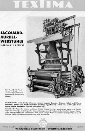 Faltblatt "Jacquard-Kurbel-Webstühle Modell B 1 N J Patent"