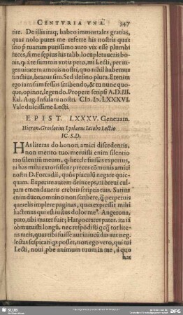 Epist. LXXXV. Genevam. Hieron. Groslotius Lyslaeus Jacobo Lectio IC. S.D. : [Data Lutetiae Parisiorum, prid. Eid. Mar. M.D.LXXXVI]