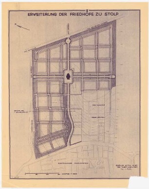 Erweiterung der Friedhöfe, Stolp: (Lichtpause von Inv.-Nr. 41166): Grundriss der geplanten Erweiterung des Friedhofs mit Höhenlinien und Eintragung der Grenze des 1. Bauabschnittes 1:1000, Maßstabsleiste; Stempel