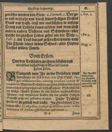 Vom Ersten. Von den Trübsalen an ihnen selbsten und deroselben beschaffenheit/ Was wir davon halten sollen.