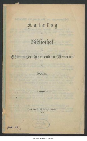 Katalog der Bibliothek des Thüringer Gartenbau-Vereins in Gotha