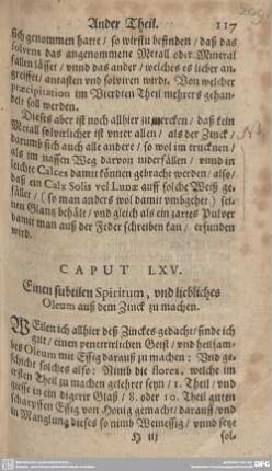 CAPUT LXV. Einen subtilen Spiritum, und liebliches Oleum auß dem Zinck zu machen.
