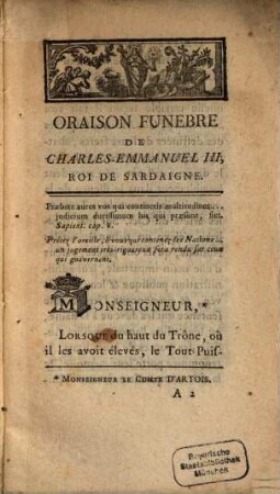 Oraison funebre de ... Prince Charles Emmanuel III., roi de Sardaigne