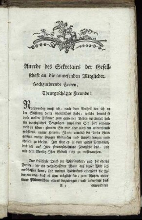 Anrede des Sekretairs der Gesellschaft a die anwesenden Mitglieder.