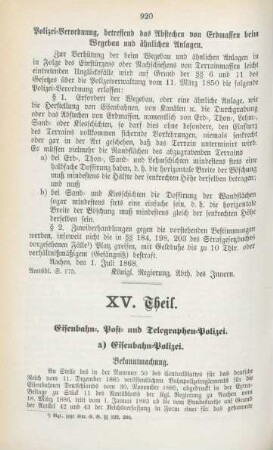 XV. Theil. Eisenbahn-, Post- und Telegraphen-Polizei