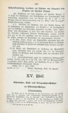 XV. Theil. Eisenbahn-, Post- und Telegraphen-Polizei