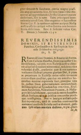 Reverendissimis Dominis ... Cardinalibus & Episcopis in Synodo Tridentina congregatis, S. D.