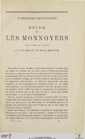 N.S. 11.1865: Numismatique mérovingienne : Étude sur les monnoyers, les noms de lieux et la fabrication de la monnaie