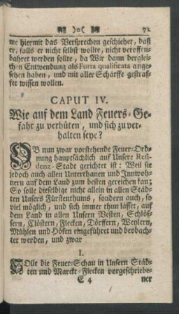 Caput IV. Wie auf dem Land Feuers-Gefahr zu verhüten, und sich zu verhalten seye?