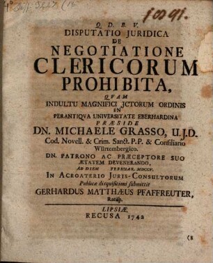 Disp. iur. de negotiatione clericorum prohibita