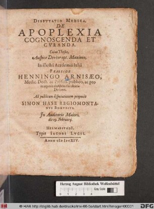 Disputatio Medica, De Apoplexia Cognoscenda Et Curanda