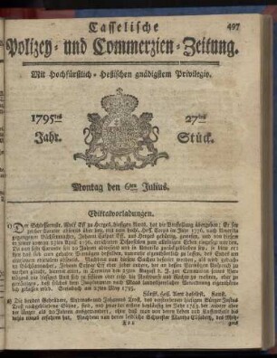 27tes Stueck, Montag den 6ten Julius 1795