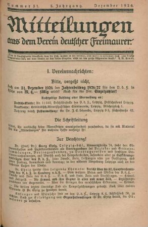 Nummer 31. 5. Jahrgang. Dezember 1926.