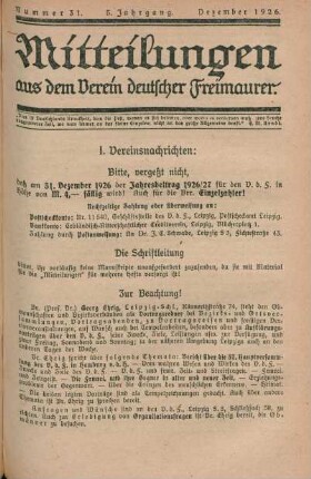Nummer 31. 5. Jahrgang. Dezember 1926.